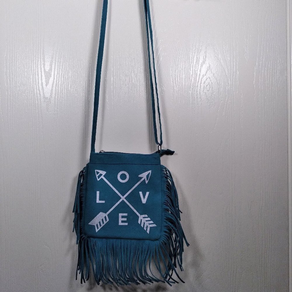 LOVE Turquoise Faux Suede Crossbody Fringe Purse SZ: Small